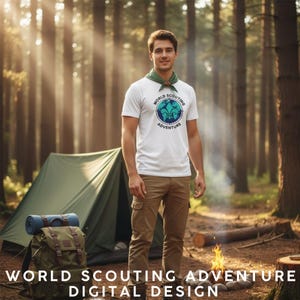 May include: A person wearing a white t-shirt with a World Scouting Adventure logo, khaki trousers, and a green scarf stands in a forest. A green tent, backpack, and campfire are in the background. The text "WORLD SCOUTING ADVENTURE DIGITAL DESIGN" is at the bottom.