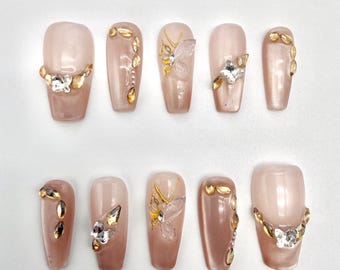 Handmade Dead Leaf Butterfly Press On Nails: Elegant Champagne French Cat Eye False Nails, Light Luxury High-End Reusable Fake Nails
