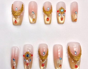 Pink Gold Ombre Press On Nails: Luxury Diamond Glitter False Nails, Reusable Long Short Acrylic Fake Nails, Handmade Glam Bling Manicure Set