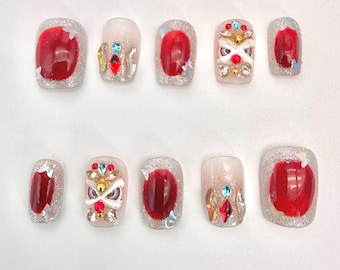 Red Lion Dance Press On Nails:Handmade Chinese New Year False Nails,Festive Cultural Bling Rhinestone Acrylic Fake Nails,Lunar New Year Gift