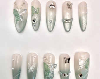 Mint Green Cat Eye Press On Nails: Oval Translucent Butterfly Alloy Design, Handmade Bling Stacked Rhinestone Removable Fake Nails