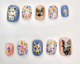Handmade Jenny Fairy Cat Press On Nails: New Design Hand-Painted Cartoon False Nails, Cute Unique Acrylic Fake Nails, Adorable Whimsical Art
