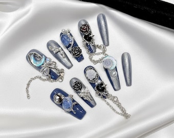 Handmade Blue Evening Rose Press On Nails: Intricate Sparkling Luxury Niche Hot Girl False Nails, Removable Reusable Manicure