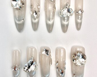 Handmade Misty Isle Wind Press On Nails: High-Quality Super Sparkle False Nails, Premium Boutique Explosive Glitter Fake Nails, Luxury Bling