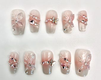 Handmade Gel Cat Eye Press On Nails: Mirror Moon Butterfly Art False Nails, Reusable Removable Wholesale Finished Fake Nails, Bling Manicure