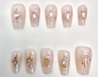 Handmade Mermaid Shell Press On Nails:Iridescent Mother of Pearl False Nails,Unique Skin Flattering Medium Long Acrylic Fake Nails,Bling Art