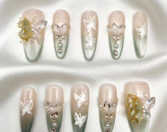 Handmade Green Butterfly Dance Press On Nails: French Cat Eye 3D Butterfly Steel Bead Chain False Nails, Elegant Fairy Reusable Manicure