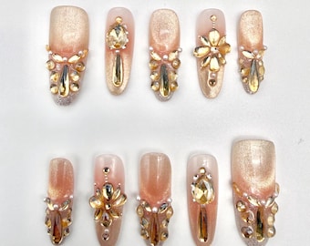 Handmade Seshat's Tears Press On Nails: Champagne Zircon French Elegant Cat Eye False Nails, High-End Light Luxury Reusable Manicure