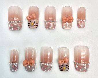 Handmade Sweet Cat Blush Press On Nails: Pink French Cat Eye False Nails, Cute Bow Short Fake Nails, Adorable Reusable Manicure