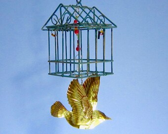 Bird cage, Garden or Porch Ornament. Re-Purposed. Golden Bird, Prism.