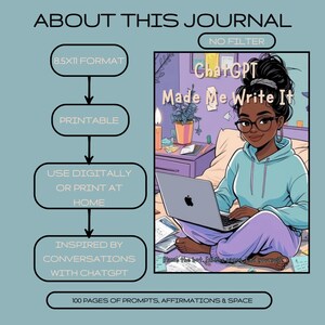 Pode incluir: Diário digital com o texto "ChatGPT Made Me Write It". A imagem mostra uma mulher com óculos usando um laptop. O diário tem formato 8,5x11 polegadas, é imprimível e inspirado em conversas com ChatGPT. Inclui 100 páginas de prompts, afirmações e espaço.