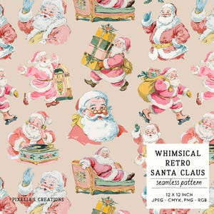 Könnte beinhalten: Nahtloses Muster mit skurrilen, retro Santa Claus-Illustrationen in Rosa und Rot auf beigem Hintergrund. Der Weihnachtsmann wird in verschiedenen Posen dargestellt. Das Muster ist 30,48 x 30,48 cm groß.