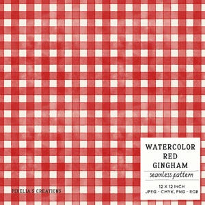 Peut inclure: Motif sans couture de carreaux vichy rouges à l'aquarelle. Le motif présente un motif à carreaux rouge et blanc classique. L'image comprend le texte "WATERCOLOR RED GINGHAM seamless pattern" et "12 X 12 INCH".