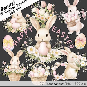 Clipart de Coelhinho de Páscoa Rosa e Fofo, Clipart de Coelho da Primavera, Ovos de Páscoa com Laço, Imagens em Aquarela Pastel