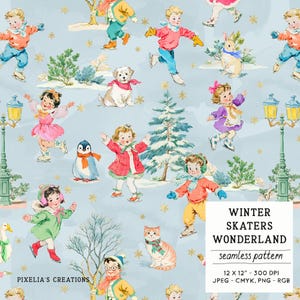 Winter Skaters Wonderland Seamless Pattern: Vintage Children & Animals (Digital Download)