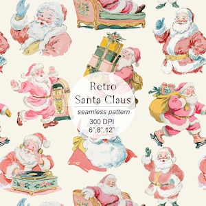 May include: A seamless pattern featuring vintage illustrations of Santa Claus in various poses. Santa is depicted in a red and pink suit, carrying gifts, and riding roller skates. The text "Retro Santa Claus" is included in the design.