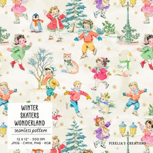 Winter Skaters Seamless Pattern: Vintage Style Children & Animals (Digital Download)
