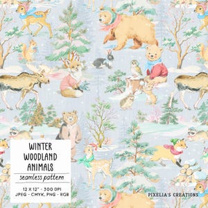 May include: A seamless pattern featuring winter woodland animals in a snowy forest scene. The design includes bears, deer, foxes, and other animals wearing winter attire. The text "Winter Woodland Animals" is displayed on the image.