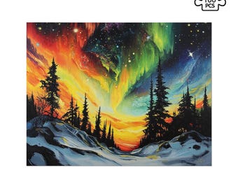 Könnte beinhalten: Ein farbenfrohes Nordlicht leuchtet über einem schneebedeckten Wald mit dunklen Silhouetten von Bäumen. Der Himmel ist gefüllt mit leuchtenden Farben von Rot, Orange, Gelb, Grün und Blau.