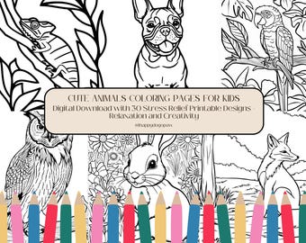 30 Cute Animal Coloring Pages PDF – Printable Adult & Kids Coloring Book, Easy-to-Color Bold Outlines, Instant Download Handmade