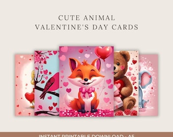 Cute Animal Valentine&#39;s Day Cards | Printable Digital Cards for Kids & Adults | Adorable Love Notes | Instant Download