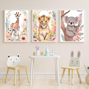 Conjunto de arte de pared para guardería | Decoración de la habitación del bebé imprimible digitalmente | Lindos estampados de animales en colores pastel | Descarga instantánea para la habitación de los niños