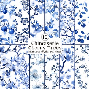 May include: A collection of ten seamless digital patterns featuring blue and white Chinoiserie cherry tree designs. The patterns showcase cherry blossoms and cherries on branches, with a classic blue and white color scheme.