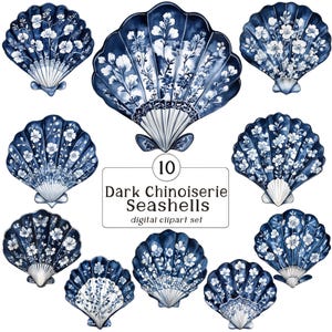 Conjunto de imágenes prediseñadas de conchas de estilo chinoiserie oscuro: 10 conchas de color azul oscuro y blanco con patrones chinoiserie/toil, paquete de imágenes prediseñadas, png comercial