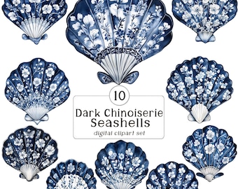 Dark Chinoiserie Seashell Clipart set: 10 dark blue and white seashells with chinoiserie/toil patterns, clipart bundle, commercial png