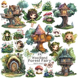 Fées de la forêt des bois - un ensemble de fées des bois heureuses, d'amis, de cabanes dans les arbres et de fleurs, png transparents, usage commercial