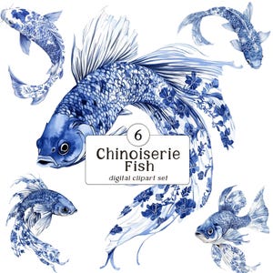 Toile Fish / Chinoiserie Fish Clipart-collectie: 6 blauw-witte vissen met toile- of chinoiseriepatroon, digitale download, clipartbundel