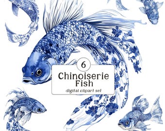 Toile Fish / Chinoiserie Fish Clipart Collection: 6 blue and white fish with toile or chinoiserie pattern, digital download, clipart bundle
