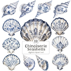 Conjunto de imágenes prediseñadas de conchas marinas estilo chinoiserie: 18 conchas marinas azules y blancas con patrones chinoiserie/toile, paquete de imágenes prediseñadas, fondo transparente, png
