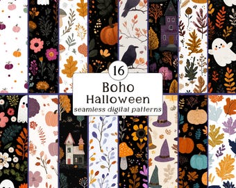 16 Boho Halloween Seamless Patterns: weiches Halloween Aquarell Boho Ephemera, jpg, kommerzielle Nutzung, sofortiger Download