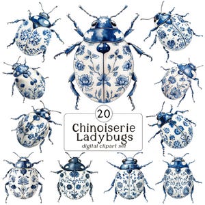 Conjunto de imágenes prediseñadas de mariquita chinoiserie: 20 mariquitas azules y blancas con patrones chinoiserie y toile, paquete de imágenes prediseñadas, transparente, png