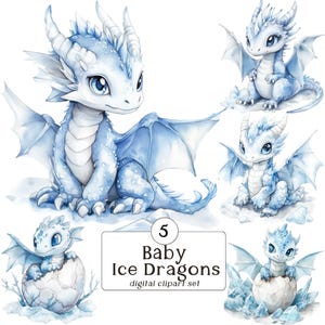 May include: Five watercolor illustrations of baby ice dragons. The dragons are blue and white with wings and horns. The text "5 Baby Ice Dragons digital clipart set" is at the bottom of the image.