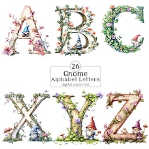 Puede incluir: Un conjunto de 26 ilustraciones de acuarela de letras del alfabeto, cada letra está decorada con enredaderas, flores y un gnomo. El texto "26 Gnome Alphabet Letters digital clipart set" está incluido en la imagen.