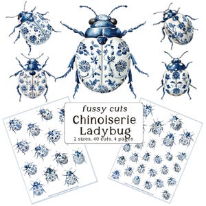 Chinoiserie Ladybug Fussy Cuts: 20 lieveheersbeestjes/40 snijwonden, grote en kleine maten, digitale download, junkjournaal, stickers, commercieel gebruik