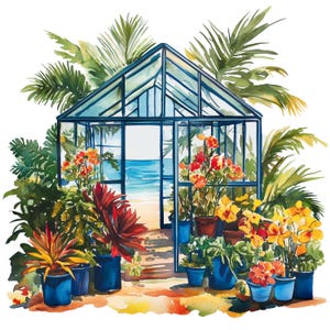 Tropical Glass Greenhouse clipart - A large format image of a tropical themed glass greenhouse, png, digital planner, commercial use