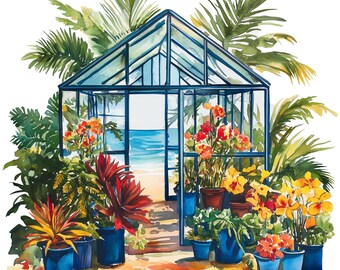 Tropical Glass Greenhouse clipart - A large format image of a tropical themed glass greenhouse, png, digital planner, commercial use