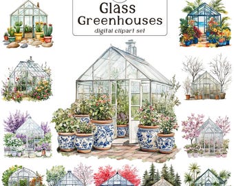 Glass Greenhouse clipart set - a collection of 12 colorful glass greenhouses for every season, png, digital planner, commercial use