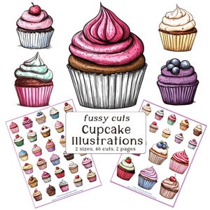 Cupcake Fussy Cuts : 40 Cupcakes/46 cuts, large and small sizes, digital download, junk journal, stickers, commercial use