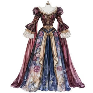 May include: Watercolor illustration of a Renaissance-style gown. The dress features a burgundy bodice with gold accents, long sleeves, and a full skirt with floral patterns in shades of blue, purple, and cream. A long, flowing cape drapes from the shoulders.