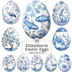 Colección de imágenes prediseñadas de huevos de Pascua de estilo chinoiserie: 10 huevos de Pascua azules y blancos con un patrón chinoiserie/toile, arte digital, paquete de imágenes prediseñadas, png
