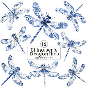 Clipartset Chinoiserie Dragonfly: 15 blauwe en witte libellen met chinoiserie- en toile-patronen, clipartbundel, transparant, png
