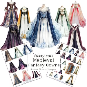 以下が含まれることがあります： 青、紫、赤、緑など、さまざまな色の、中世ファンタジーガウンの水彩イラスト。画像には、いくつかのフルガウンと小さな切り抜き画像が含まれており、「fussy cuts Medieval Fantasy Gowns」というテキストが表示されています。