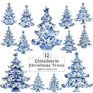 Chinoiserie Christmas Tree Clipart set: 12 blue and white Chrismas trees w/ chinoiserie and toile patterns, clipart bundle, transparent, png