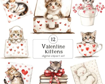 Valentine Kittens ClipArt PNG, Cute Valentine Kitten Clip Art, Cute Kitten Clipart, Valentine Day Kitten Digital Download Valentines Kitten