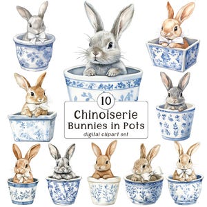 Ensemble de cliparts Lapins dans des pots de chinoiseries - un ensemble de lapins adorables et parfois grincheux assis dans des pots de chinoiseries bleus et blancs, png