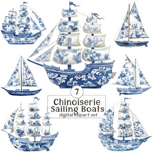 Ensemble de cliparts chinois voiliers : 7 voiliers et navires bleus et blancs avec motifs chinoiseries/toile, lot de cliparts, transparent